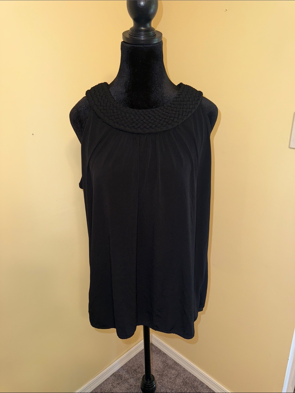 Apostrophe Black Sleeveless Tank with Braided Collar
